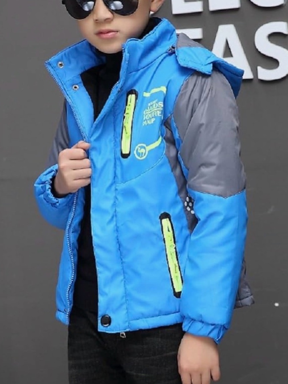 Boys Bright Blue & Gray Puffer Jacket with Neon Accents